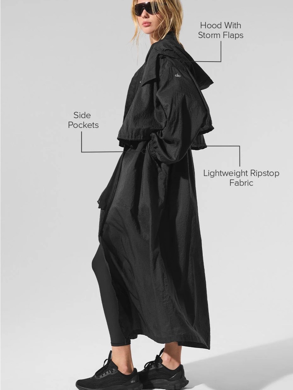 ALO Yoga Black Lightweight Ripstop Longline Trench Coat